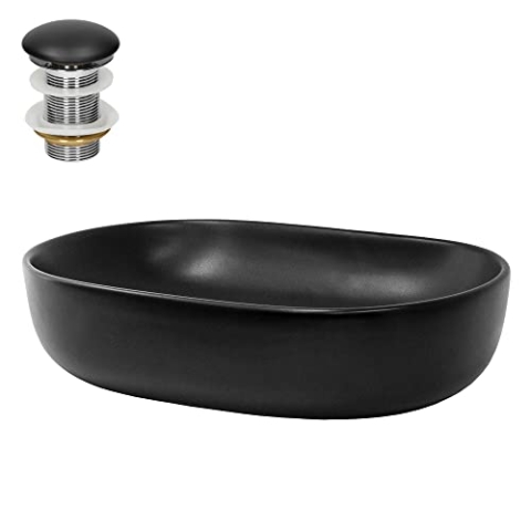 ML-Design Waschbecken aus Keramik in Schwarz matt 600 x 425 x 145 mm mit Ablaufgarnitur, Ovale Aufsatzwaschbecken, Moderne Waschtisch, Waschschale Waschplatz Handwaschbecken, für Badezimmer/Gäste-WC