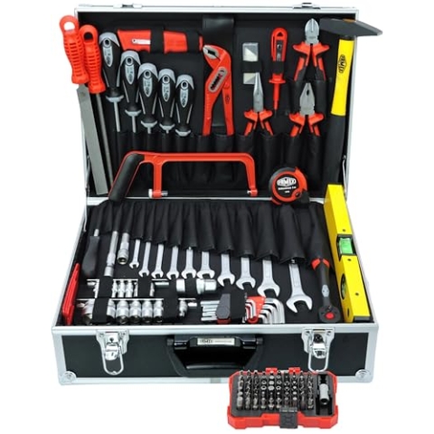 Famex 745-47 Aluminium Werkzeugkoffer gefüllt mit hochwertigem Werkzeug Set - Werkzeugkasten bestückt, für Haushalt, Garage, Werkstatt, Werkzeugkiste komplett