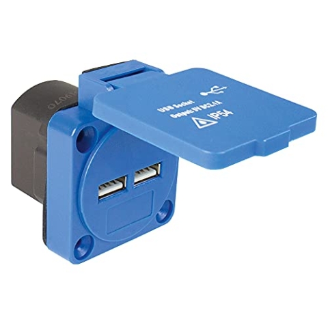 as - Schwabe Anbausteckdose - Einbausteckdose mit 2 USB-A Ports - 5 V / 2,1 A – Zur Verwendung im Außenbereich & Innenbereich – Mit Deckel – Camping Adapter - IP54 – Blau, 45089