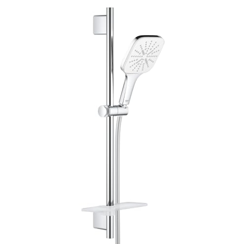 GROHE Vitalio 110, Duschset wassersparend, 10l pro Min (Duschstangenset mit: Duschkopf 3 Strahlarten, 1,75m Schlauch, Duschstange 60cm, mit Duschablage, an Bohrlöcher anpassbar) eckig, chrom, 26596000