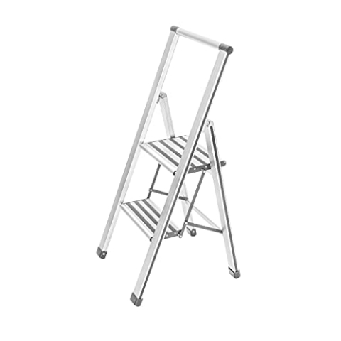 WENKO Leichte Aluminium Trittleiter mit 2 Stufen für 50 cm höheren Stand, rutschsichere XXL-Stufen, Design Klapptrittleiter, TÜV Süd Zertifiziert, 44 x 101 x 5,5 cm, Weiß
