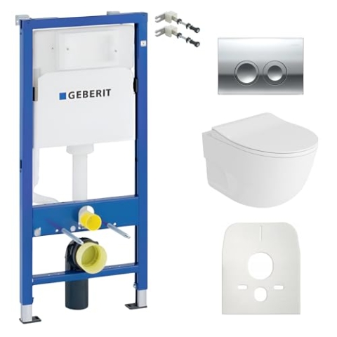Lavita Duofix Basic Vorwandelement + Wand Tiefspül WC Roto Weiß Spülrandlos + WC Sitz + Bedienplatte Delta 25 Verchromt Knopf Komplettset Unterputz Spülkasten Toilette Komplett Sett WC