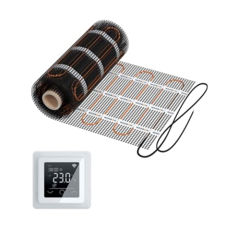 Elektrische Fußbodenheizung: Zweiader-Heizmatte WARMON CLASSIC LIGHT 100 W/m² für Fliesen mit Touch Thermostat 750-Serie, Thermostat:MCS 750 WiFi - Weiß, Mattengröße:12 m²