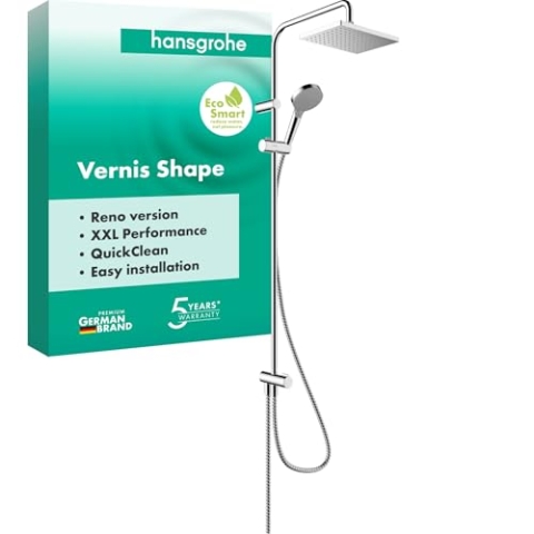 hansgrohe wassersparendes Duschsystem Vernis Shape Reno, Brausekopf 230 x 170 mm, Duschset mit Umsteller, Duschkopf, Schlauch, Stange, Regendusche mit 1 Strahlart, geeignet zur Renovierung, Chrom
