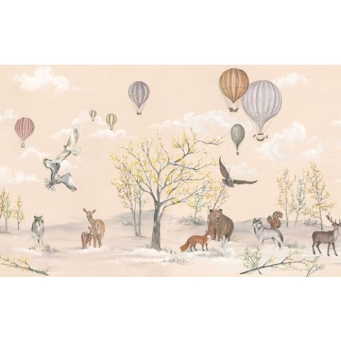 Komar Vlies Fototapete - Forest Expedition - Größe: 450 x 280 cm (Breite x Höhe) - Babytapete, Waldtiere, Luftballon, Kinderzimmer, Tapete - IAX9-0046