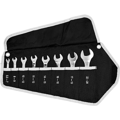 Kunzer 7SLS08 Kunzer Spezialschlüsselsatz 8-teilig - Set aus Stahl – 5,5-24 mm, Doppel-Gabelschlüssel mit Rolltasche