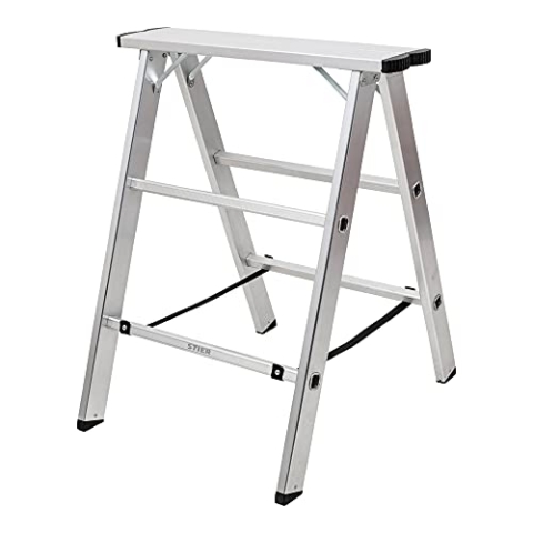 STIER Aluminiumbock, mit einer Tragfähigkeit von 150kg, 75 cm breit, 80 cm hoch, Arbeitsbock, Unterstellbock, Montagebock, Klappbock, verzinkte Scharniere, Nylongurte zur Absicherung