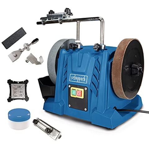 Scheppach Nass-Schleifsystem TIGER5000S inkl. Homekit | 150W Induktionsmotor | Schleifstein aus Edelkorund mit Ø 200mm | Vorrichtung 40/60 / 70 | mit Abziehpaste, Steinpräparierer & Winkellehre