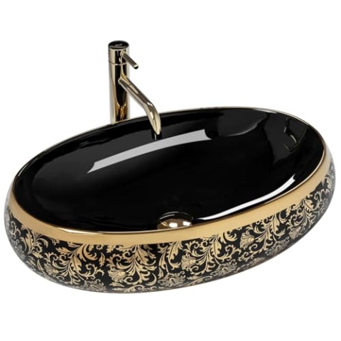 Rea Waschbecken Waschtisch Aufsatzwaschbecken Keramik Handwaschbecken Aufsatz Waschschale Oval 40x60 Schwarz Gold Badezimmer
