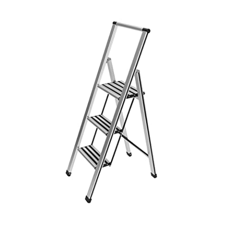 WENKO Leichte Aluminium Trittleiter mit 3 Stufen für 75 cm höheren Stand, rutschsichere XXL-Stufen, Design Klapptrittleiter, 44 x 127 x 5,5 cm, Silber matt