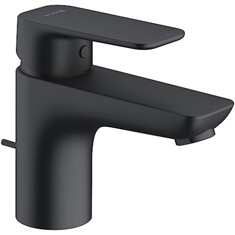 Kludi Waschtischarmatur Pure&Style - Armatur Badezimmer druckfest - Wasserhahn mit Zugstange und Ablaufgarnitur inklusive Ventil, schwarz matt
