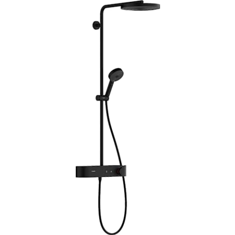 hansgrohe wassersparendes Duschsystem Pulsify S, Brausekopf 260mm, Duschset mit Thermostat, Sparduschkopf (EcoSmart), Schlauch, Duschstange, Regendusche (Kopfbrause) mit 1 Strahlart, Mattschwarz