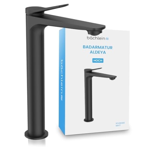 Bächlein Badarmatur Aldeya hoch in modernem Design, extra hoher Einhebelmischer für Aufsatzwaschbecken mit Montage-Set, Bad Wasserhahn Schwarz Matt