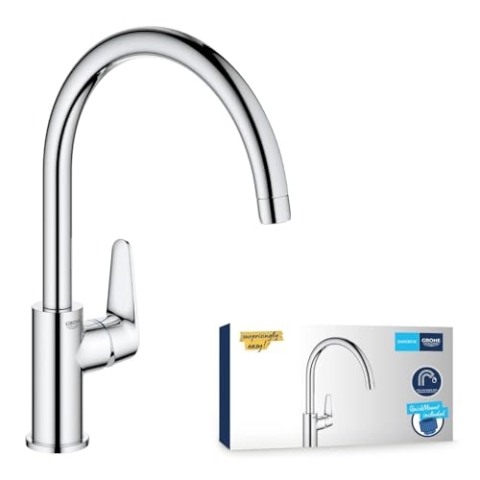 GROHE StartCurve, Küchenarmatur (Wasserhahn für die Küche, 360° Schwenkbereich, wassersparend dank variabler Mengenbegrenzung, werkzeugfreie Spülbecken-Montage), chrom, 31554001