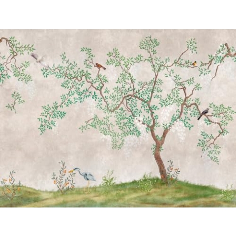 Livingwalls Fototapete Asiatischer Baum mit Vögeln Grün Braun Beige 382331 The Wall 3,71 m x 2,80 m Wohnzimmer Flur Esszimmer
