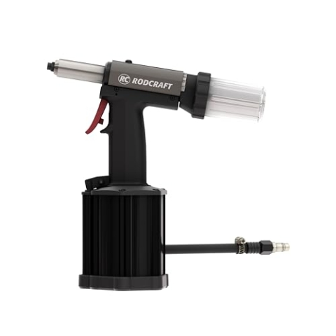 Rodcraft RC6738 Druckluft Nietpistole, Setzkraft 12,6 kN, für Blindnieten aus festem Material wie Stahl, Edelstahl 3,0-5,0 mm. Mit Sammelbehälter und Ansaugung.