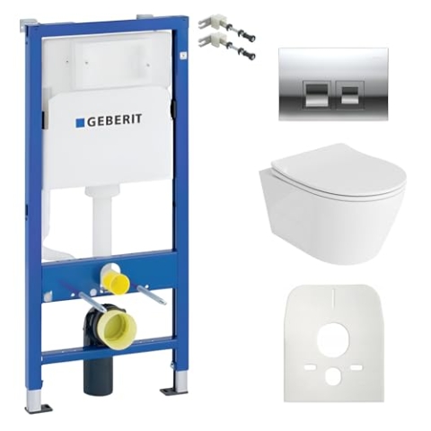 Lavita Duofix Basic Vorwandelement + Wand Tiefspül WC Praia Weiß Spülrandlos + WC Sitz + Bedienplatte Delta 25 Verchromt Knopf Komplettset Unterputz Spülkasten Toilette Komplett Sett WC