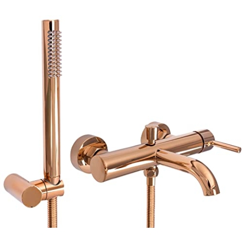 Rea Badewannenarmatur LUNGO ROSE GOLD Wasserhahn Badewanne Einhebel Wannenarmatur mit Handbrause Badarmatur aus Messing Mischbatterie Wandmontage (Rosegold)
