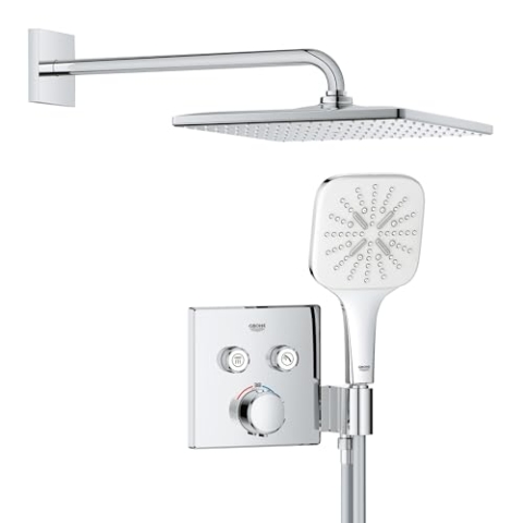 GROHE Precision SmartControl 310, Unterputz Duschsystem (31cm Regendusche mit Thermostat, Kopfbrause 1 Strahlart, Duschkopf mit 3 Strahlarten, Komplettset, 1,50m Duschschlauch), eckig, chom, 34876000