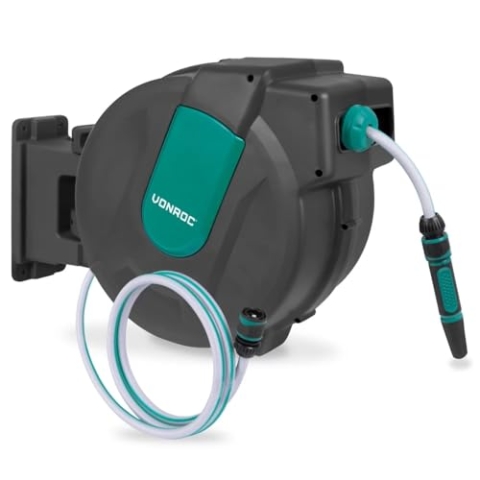 VONROC Schlauchtrommel Gartenschlauch als Schlauchaufroller 15 Meter - Wasserschlauch 180° drehbar als Schlauchbox inkl. Schlauchhalter Wand & Einzugautomatik - Grün