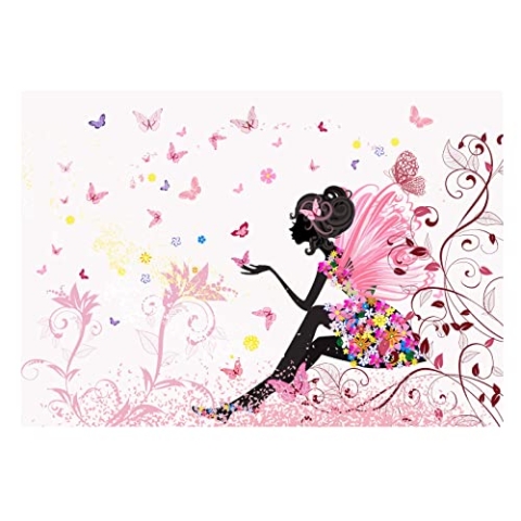 WallArena - Vlies Fototapete Kinderzimmer 312x219 cm Mädchen Fee Rosa Blumen Schmetterlinge für Kinder - Fototapeten Tapeten für Kinder Kindertapete - Vliestapete Wandtapete Tapete 3D Effekt