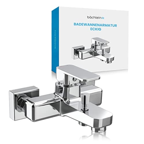Bächlein Universal Badewannenarmatur Junias in Kantigem Design – Wannenbatterie Komplettset inkl. allem Zubehör – Einhand-Wasserhahn für die Badewanne Chrom – eckig