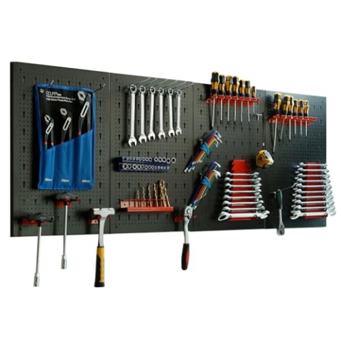 CCLIFE Werkzeugwand Lochwand 4 tlg Inkl. 52-Teiligem Metall Werkzeuglochwand Vier Teile 160 x 60 x 2 cm Erweiterbar Zubehör Wandregal Werkzeugaufbewahrung Schwarz