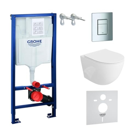Lavita Vorwandelement Solido + Wand Hänge WC Sinto Weiß Spülrandlos + WC Sitz mit Absenkautomatik Verchromter Knopf Komplettset Unterputz Spülkasten Toilette Komplett Sett WC