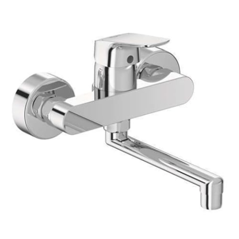 Ideal Standard Armatur/Küchenarmatur CERAFLEX Ausladung 200 mm | zur Wandmontage, Schwenkbarer Rohrauslauf, S-Anschlüsse verstellbar | Durchmesser 38mm, Schwenkbereich 100 Grad, Oberfläche: Chrom
