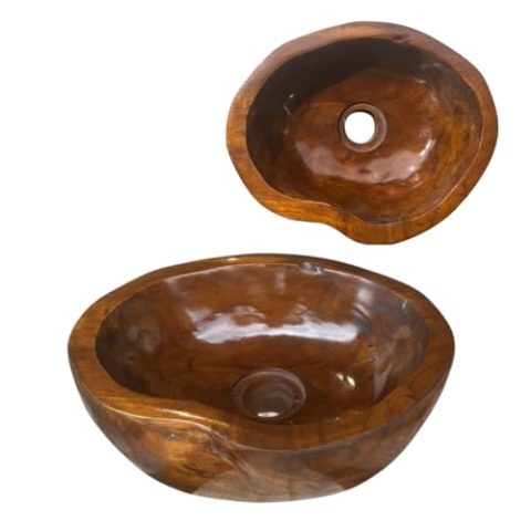 Lendo Online Waschbecken aus Teakholz oval 30x25 / 40x30 / 60x40 cm – Aufsatzwaschbecken aus Holz für Bad & Gäste-WC – Glatte Innenfläche – Naturprodukt – Stilvolle Holz-Waschschale (30x25cm)