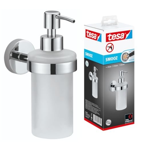 tesa SMOOZ Seifenspender-Set, satiniertes Glas und verchromter Edelstahl - Flüssigseifenspender zur Wandbefestigung ohne Bohren, inkl. Klebelösung - 70mm x 170mm x 126mm