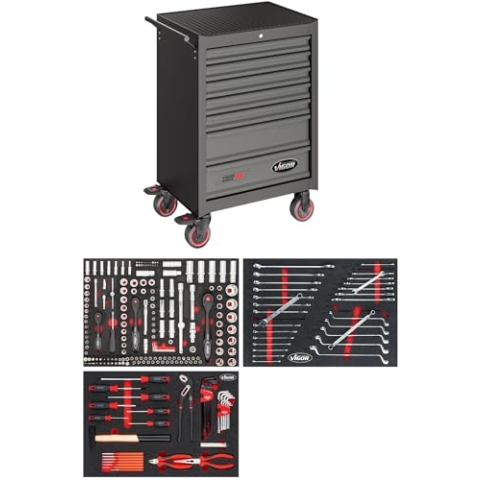 ViGOR Werkstattwagen Series M mit 256-teiligem Sortiment V2379N, 7 Schubladen, Schaumstoffmatte, 400 kg Tragkraft, mit Zangen, Schraubendrehern,abschließbar, 681 x 460 x 1016 mm