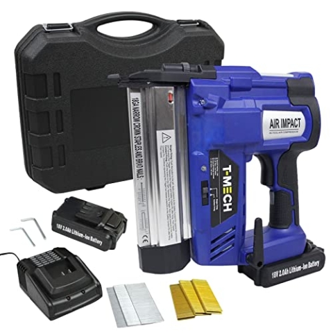 T-Mech Elektrotacker Tacker Nagler Magazinnagler Nagelpistole Kabellos 300 GRATIS Nägel, 300 Tackerklammern und zusätzlichem Akku
