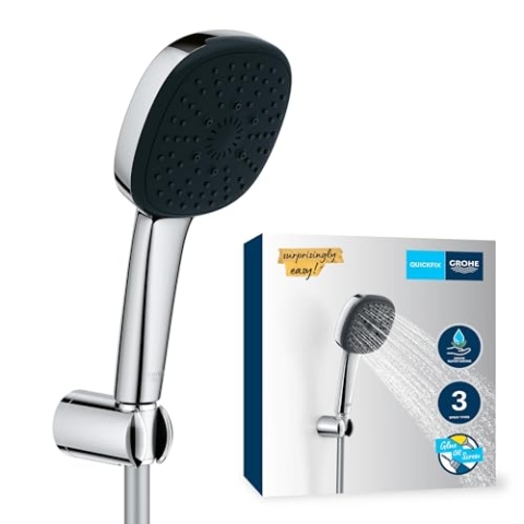 GROHE Vitalio 110, Duschkopf mit Schlauch und Halterung, wassersparend, 8l pro Min (Handbrause 3 Strahlarten, Universalanschluss, Duschbrause mit Duschschlauch 1,5m, Halterung klebbar) chrom, 26176001