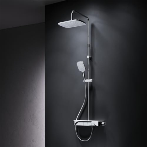 AM.PM Func - Duschsystem mit Thermostat und Glasablage, Duscharmatur Komplettset, Regendusche Set, eckige Kopfbrause 30x21 cm, Duschset mit Armatur, Handbrause 3 Strahlarten, Chrom