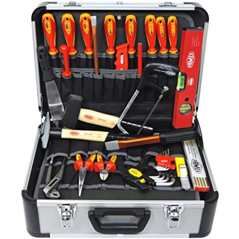 FAMEX 478-10 Profi Alu Werkzeugkoffer mit hochwertigem Werkzeug Set für den Elektriker - Großteil der Werkzeuge aus deutscher Produktion