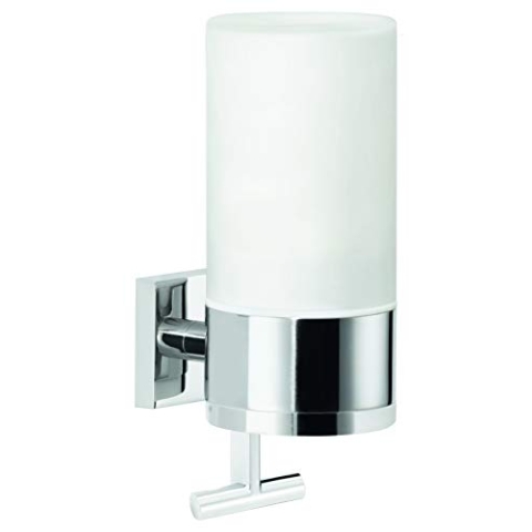 tesa DELUXXE Seifenspender-Set, Milchglas und verchromtes Metall - Flüssigseifenspender zur Wandbefestigung ohne Bohren, inkl. Klebelösung - 73mm x 192mm x 115mm