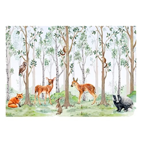 WallArena - Vlies Fototapete Kinderzimmer 416x290 cm Wald Tiere Mädchen Kinder Bäume Skandinavisch Babyzimmer - Fototapeten Tapeten für Wohnzimmer Schlafzimmer Vliestapete Wandtapete Tapete 3D Effekt