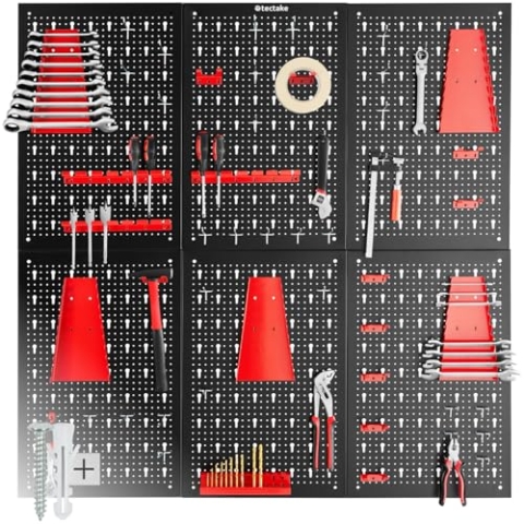tectake® Werkzeug Lochwand aus Metall, 240 x 60 x 2 cm, Werkzeugwand Lochplatte, inkl. Werkzeughalter Set Haken und Halterungen, Wandregal Regalsystem für Werkbank, Garage, Werkstatteinrichtung - 6tlg