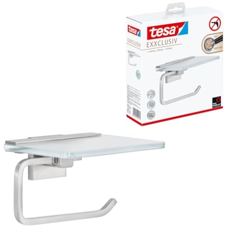 tesa EXXCLUSIV Toilettenpapierhalter mit Ablage aus Milchglas, verchromte Halterung - zur Wandbefestigung ohne Bohren, inkl. Klebelösung - 160mm x 99mm x 139mm