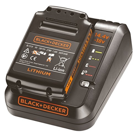 Black+Decker 1A Ladegerät Starterkit (18V 1,5Ah Li-Ion Akku, LED-Ladezustandsanzeige, 4 Anzeigenmodi, Ladezeit (1,5, 2,0, 4,0Ah): ca. 90/120 / 240min, für das 18V-System, 14,4V kompatibel) BDC1A15