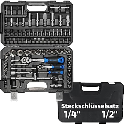SW-Stahl 07797L Steckschlüsselsatz 97 teilig I Nusskasten mit Ratsche 1/4", 1/2" Sechskant I Werkzeugkoffer I Knarrenkasten I Auto-Ratschenkasten I Steckschlüssel- und Bitsatz
