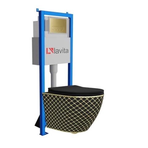 Lavita LAV 101 Vorwandelement für WC 40cm + Wand Hänge Tiefspül WC SOFI SLIM BLACK NIGHT Spülrandlos + Bedienplatte LAV 200.3.5 Gold | Komplettset | Unterputz Spülkasten | Toilette Komplett Sett