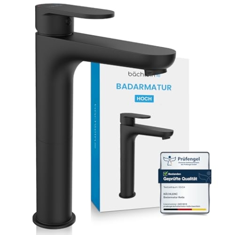 Bächlein Badarmatur Keila hoch in klassischem Design, extra hoher Einhebelmischer für Aufsatzwaschbecken mit Montage-Set, Bad Wasserhahn Matt Schwarz - klassisch hoch