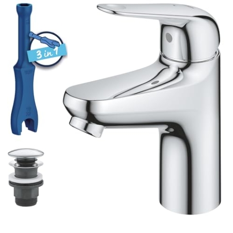GROHE Swift, energiesparende Waschtischarmatur, Kaltwasser in Mittelstellung (Wasserhahn für Waschbecken, 16cm hoch, mit Pop-Up Ablauf, mit 3in1 Werkzeug, einfache Installation), chrom, 24323001