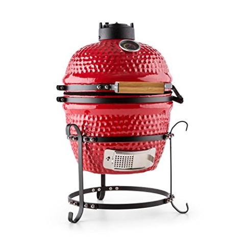 Klarstein Princesize - Kamado-Grill, Keramikgrill, Holzkohlegrill, Smoker, mit Deckel, Keramik, Gute Hitzespeicherung, Innenthermometer, Holzgriff, abnehmbares Gestell, rot