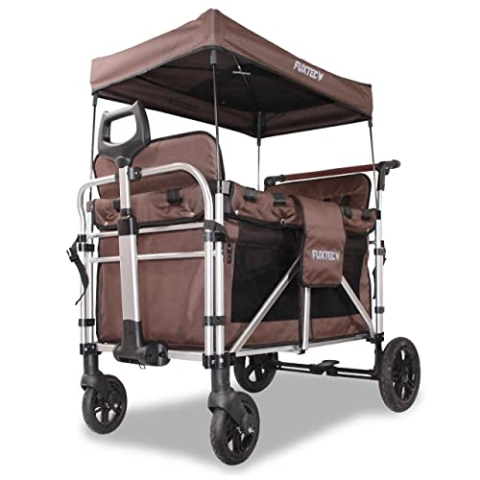 FUXTEC Bollerwagen faltbar FX-CTXL900 Braun mit Dach - Transportwagen klappbar |Komfort-Schiebegriff & montierbare, erhöhte Sitze | 5-Punkt-Gurt | Handwagen/Leiterwagen – Das Original