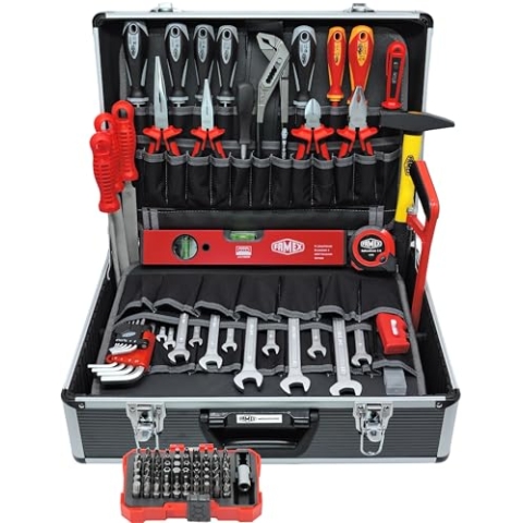 FAMEX 449-93 Werkzeugkoffer im Aluminiumkoffer, Universales Werkzeug-Set bestückt gefüllt, Werkzeug Set, 56 Einsteckfächer für Zangen, Schraubendreher, Ringmaulschlüssel uvm.