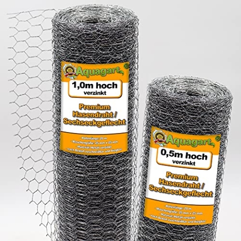 Aquagart Maschendrahtzaun Sechseckgeflecht verzinkt I Hühnerzaun Kaninchendraht Hasengitter feinmaschig 25mm x 25 mm I 6-Eck Drahtgeflecht 0,9 mm IHasendraht (verzink 50cm, 80m)