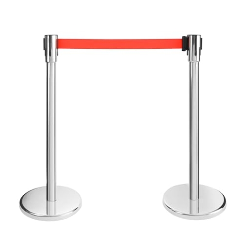 Arebos Personenleitsystem | 2 Stück | Absperrständer | Absperrband | Absperrpfosten | Abgrenzungspfosten | Bandfarbe: Rot | Bandlänge: 190 cm | im Innen- und Außenbereich einsetzbar